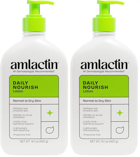 AmLactin Daily Nourish Therapeutic Body Lotion for Dry Skin - No-Scrub Exfoliator and Moisturizer 12% Lactic Acid Lotion,14.1 oz (Packaging May Vary),(Pack of 2)