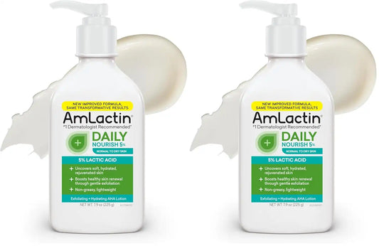 AmLactin Daily Nourish - Therapeutic Face and Body Lotion for Dry Skin - No-Scrub Exfoliator and Moisturizer with 5% Lactic Acid AHA, Safe for Sensitive Skin, 7.9 oz (Packaging May Vary) (Pack of 2)